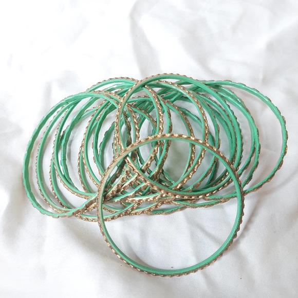 Vintage Gold Tone Textured Costume Bangle Stack Set of 16 with Pop of Mint Green - Picture 1 of 7
